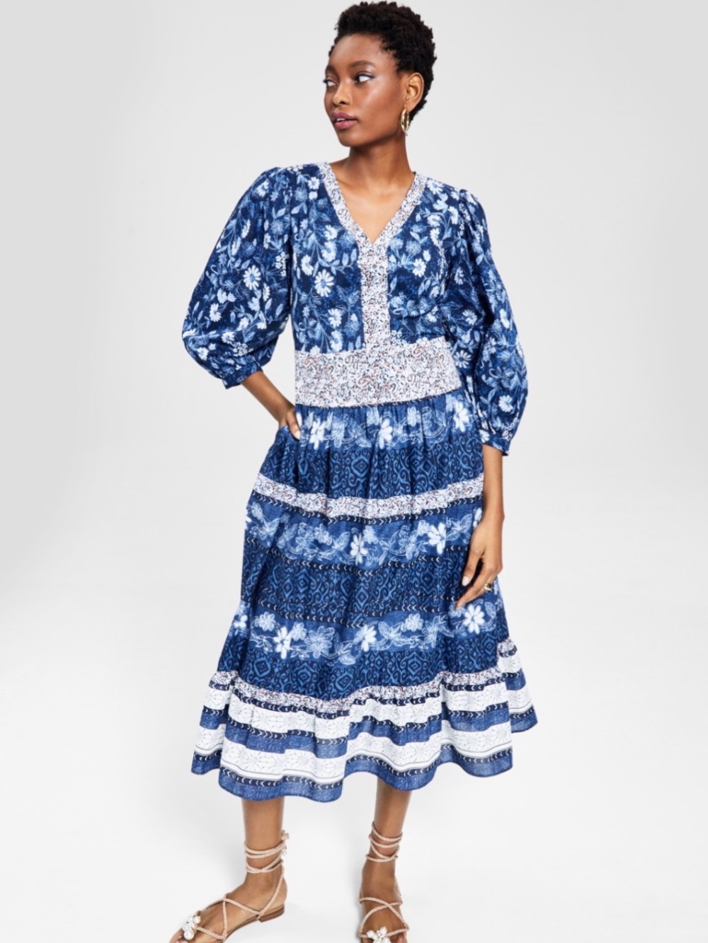 INC International Concepts Blue Floral and Paisley Print V-Neck Midi Dress